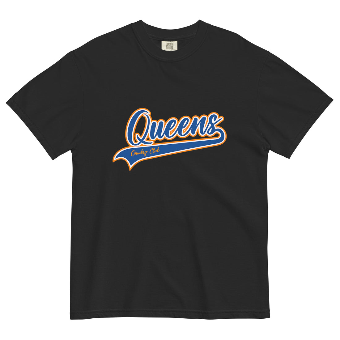 Black Queens Country Club T-shirt featuring vintage Queens script logo on the chest 