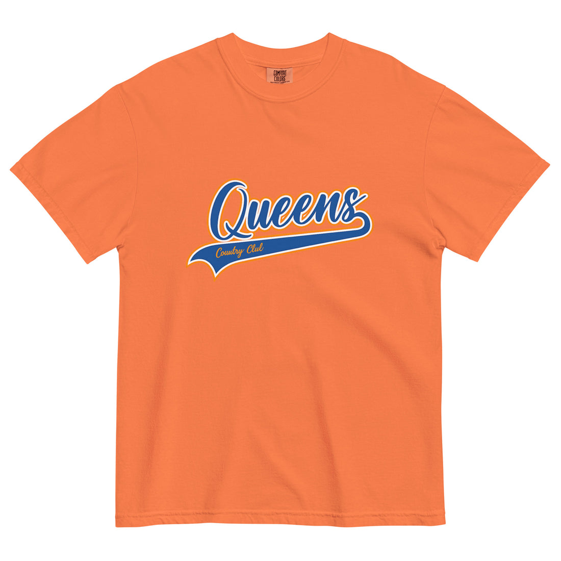 Burnt Orange Queens Country Club T-shirt featuring vintage Queens script logo on the chest 