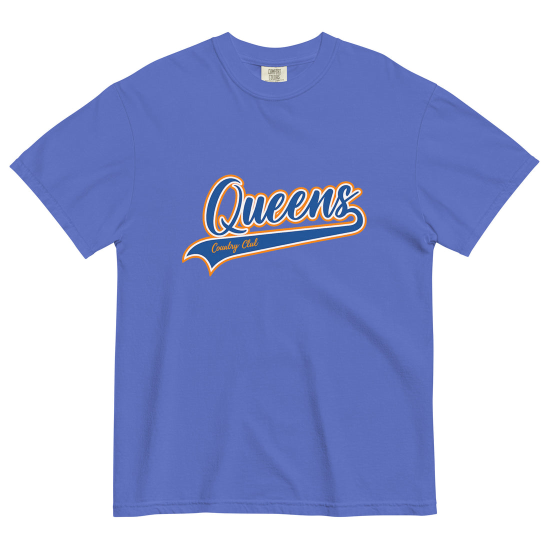 Flo Blue Queens Country Club T-shirt featuring vintage Queens script logo on the chest 