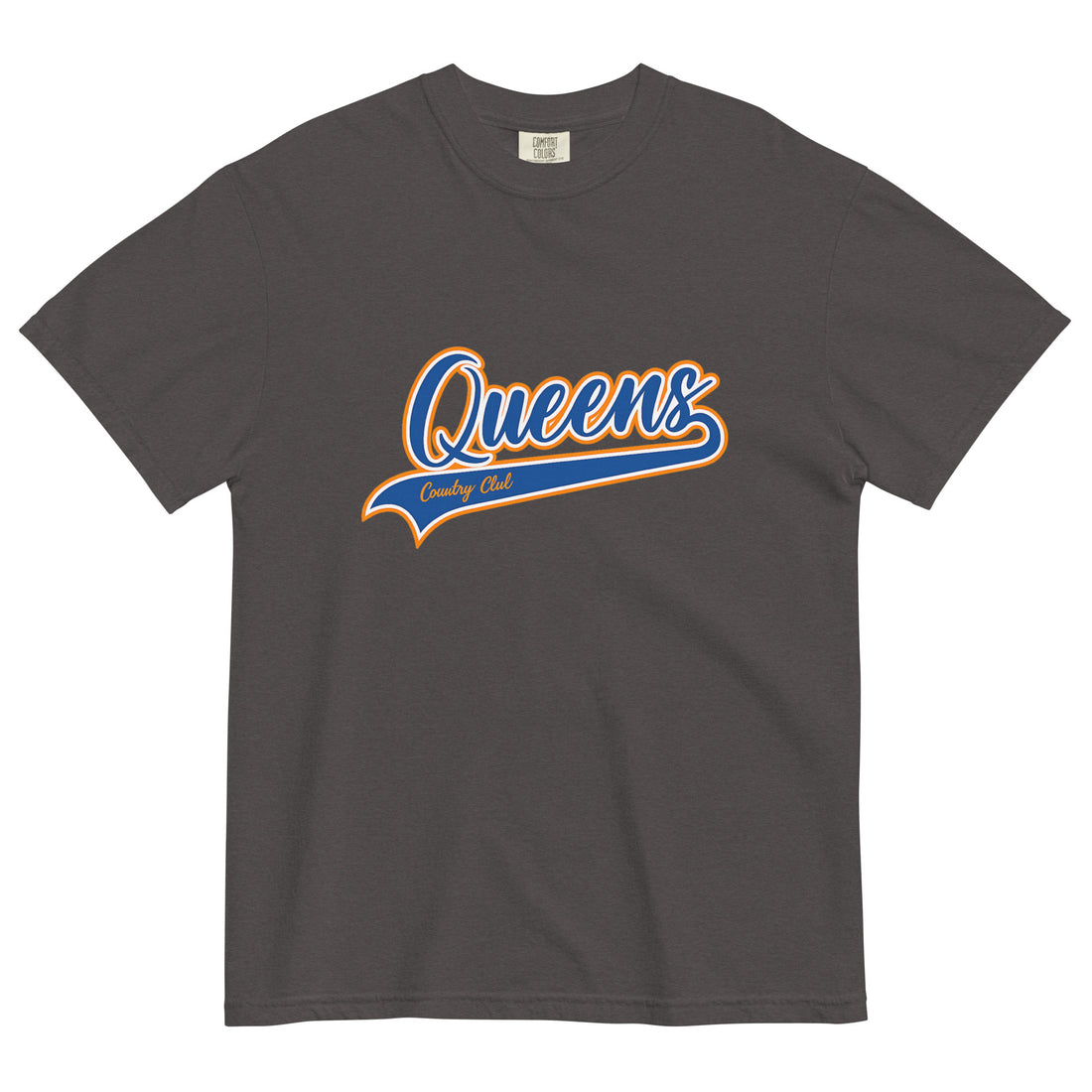 Graphite Queens Country Club T-shirt featuring vintage Queens script logo on the chest 