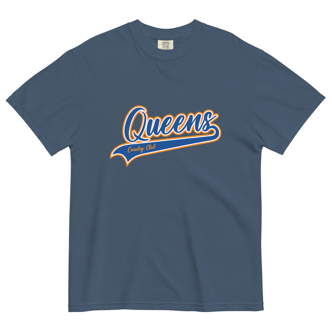 Midnight Queens Country Club T-shirt featuring vintage Queens script logo on the chest 