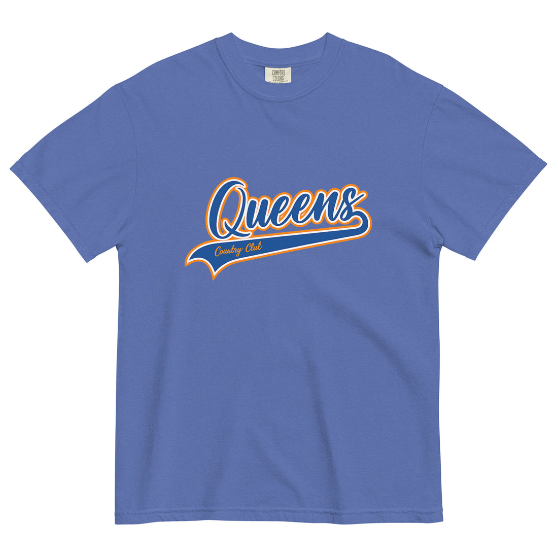 Mistic Blue Queens Country Club T-shirt featuring vintage Queens script logo on the chest 