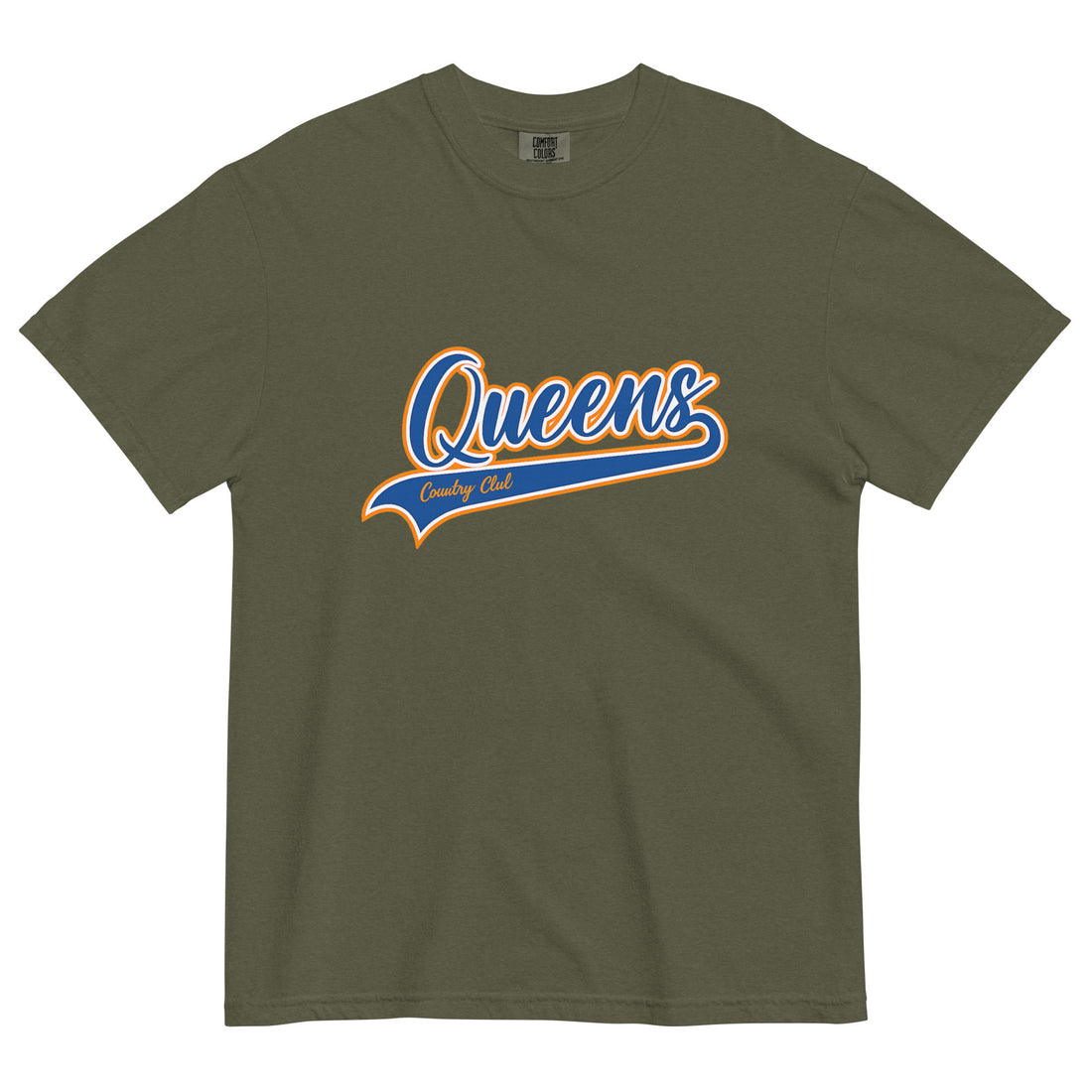 Sage Queens Country Club T-shirt featuring vintage Queens script logo on the chest 