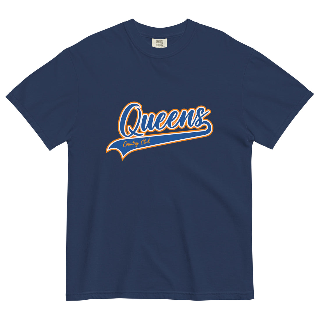 True Navy Queens Country Club T-shirt featuring vintage Queens script logo on the chest 
