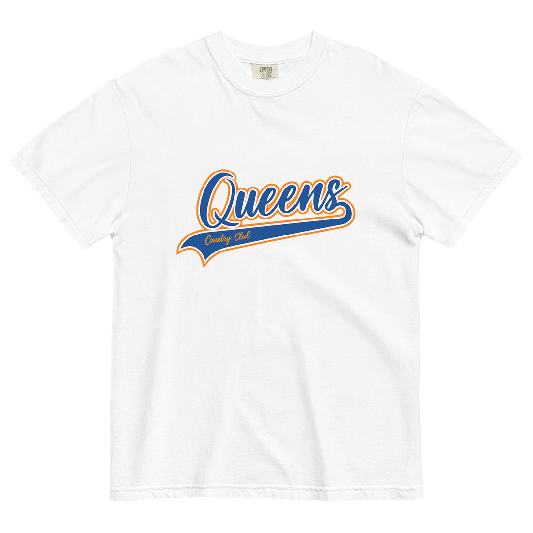 White Queens Country Club T-shirt featuring vintage Queens script logo on the chest 
