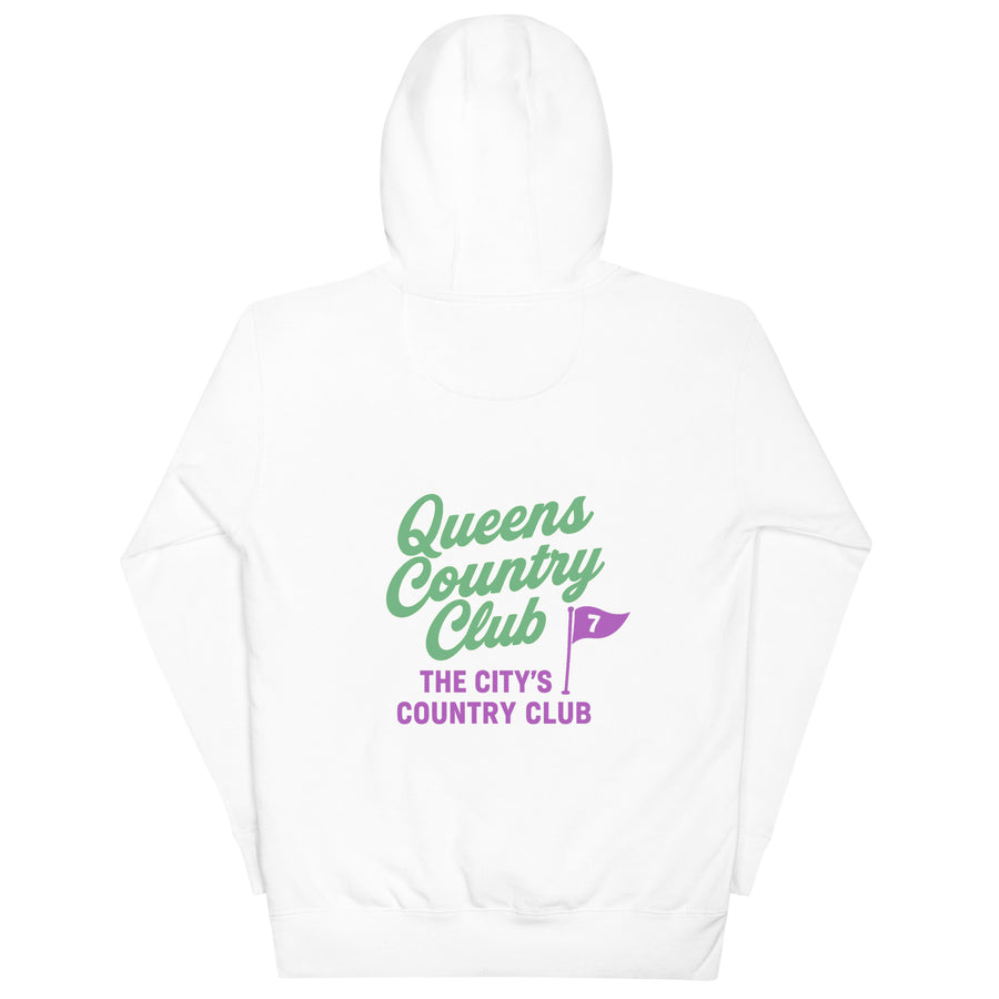 White hoodie with 'Queens Country Club' text and logo on a white background