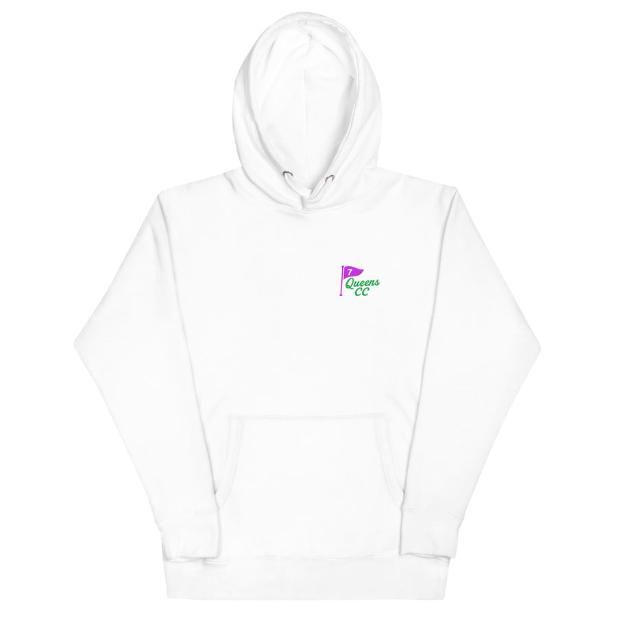 White hoodie with a logo on the chest against a white background