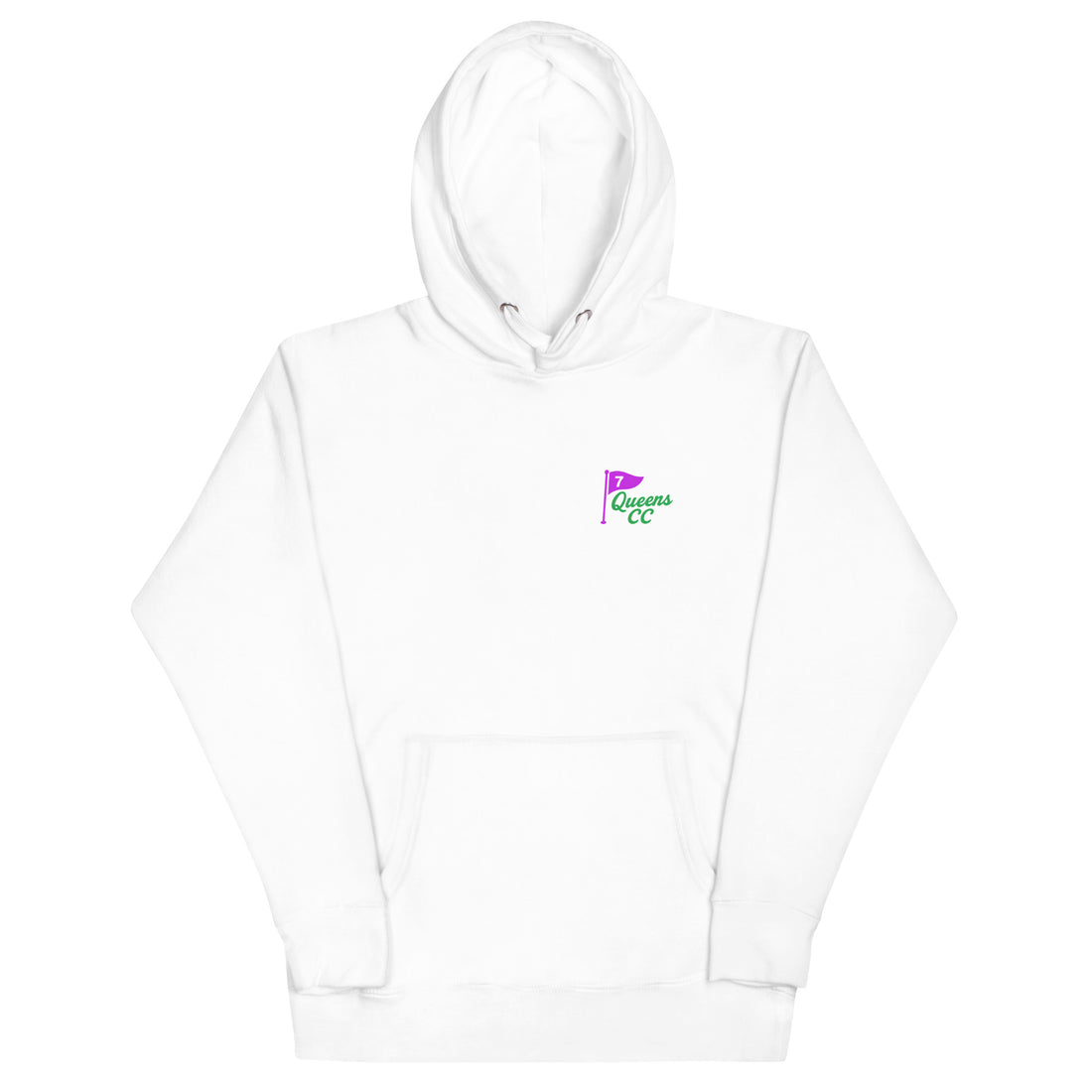 White hoodie with a logo on the chest against a white background
