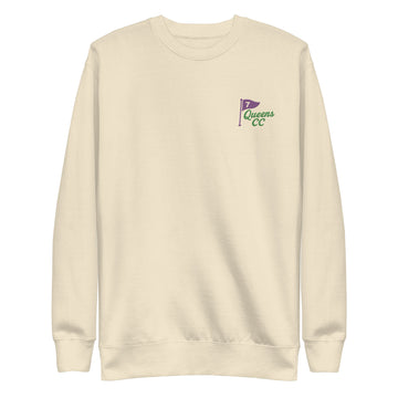  Queens Country Club sweatshirt with front left chest flag logo and large back graphic reading “Queens Country Club – The City’s Country Club