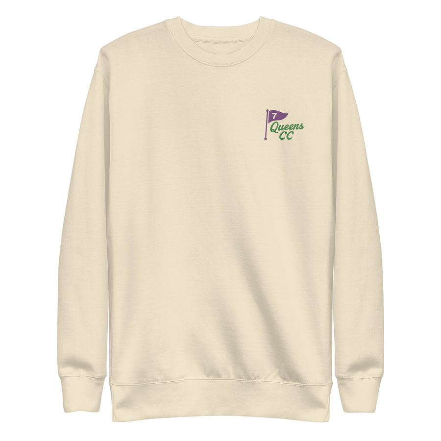   Queens Country Club sweatshirt with front left chest flag logo and large back graphic reading “Queens Country Club – The City’s Country Club