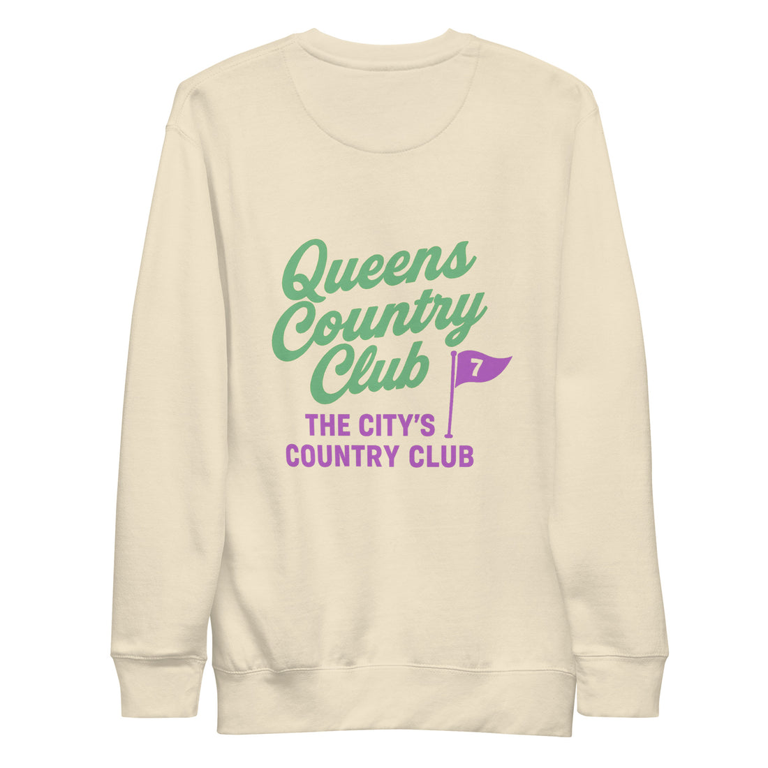   Queens Country Club sweatshirt with front left chest flag logo and large back graphic reading “Queens Country Club – The City’s Country Club