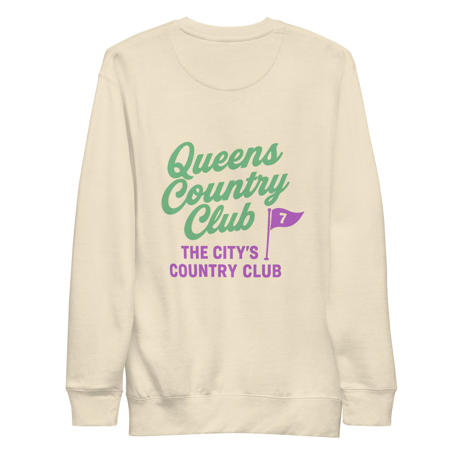   Queens Country Club sweatshirt with front left chest flag logo and large back graphic reading “Queens Country Club – The City’s Country Club