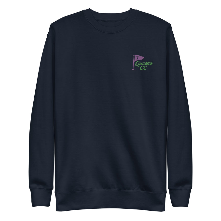   Queens Country Club sweatshirt with front left chest flag logo and large back graphic reading “Queens Country Club – The City’s Country Club