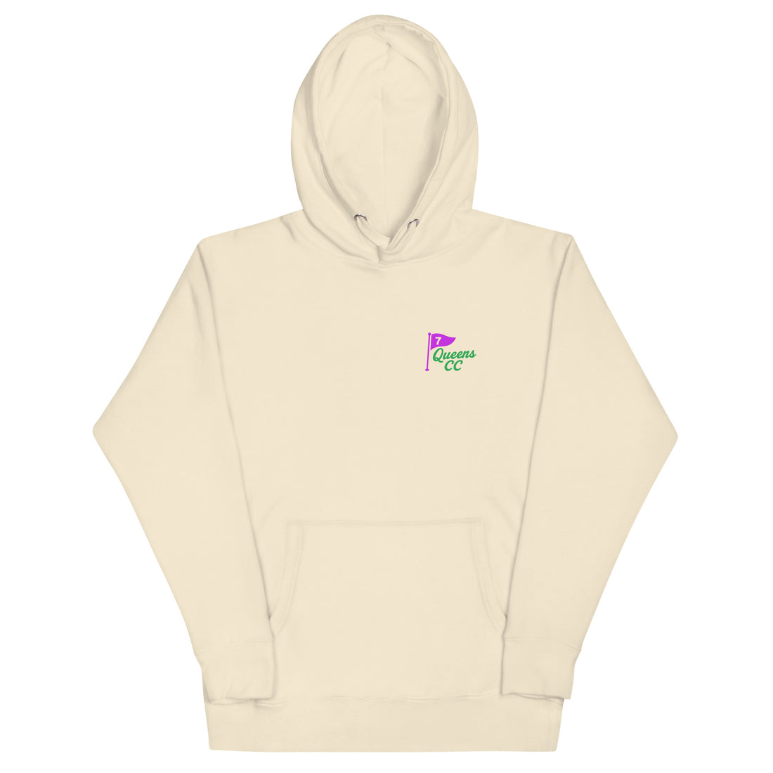 hoodie with Queens Country Club flag logo on front and large back design featuring “Queens Country Club” text and 7-flag with “The City’s Country Club.”

