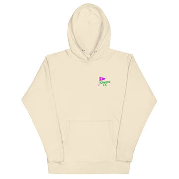 hoodie with Queens Country Club flag logo on front and large back design featuring “Queens Country Club” text and 7-flag with “The City’s Country Club.”

