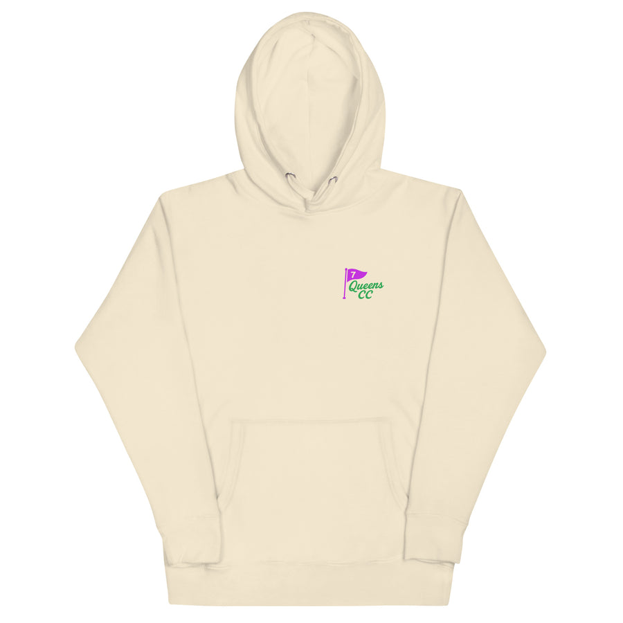 hoodie with Queens Country Club flag logo on front and large back design featuring “Queens Country Club” text and 7-flag with “The City’s Country Club.”

