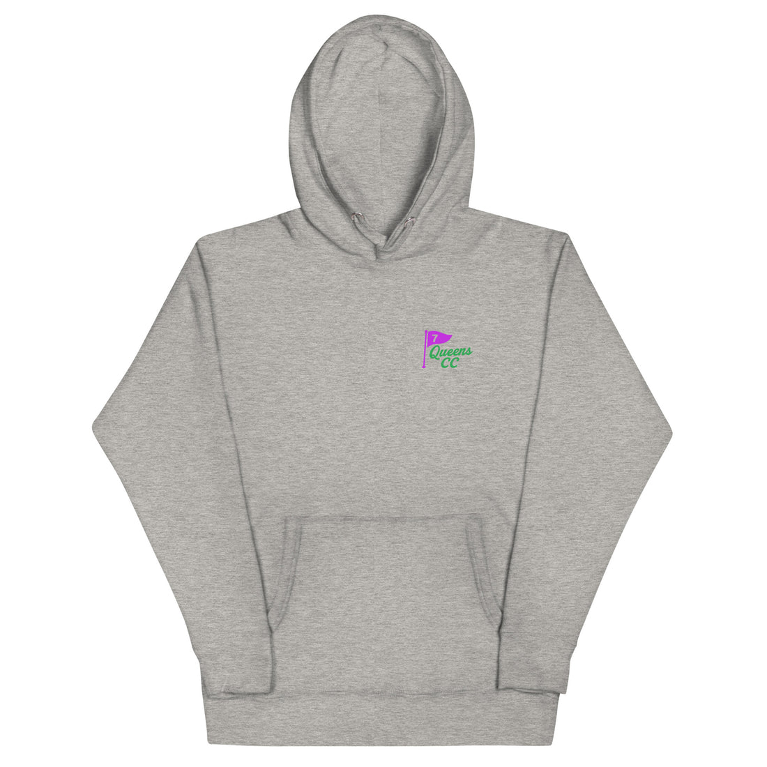  Carbon grey hoodie with QCC chest flag and bold back graphic. “The City’s Country Club” slogan repping NYC golf pride and everyday borough lifestyle