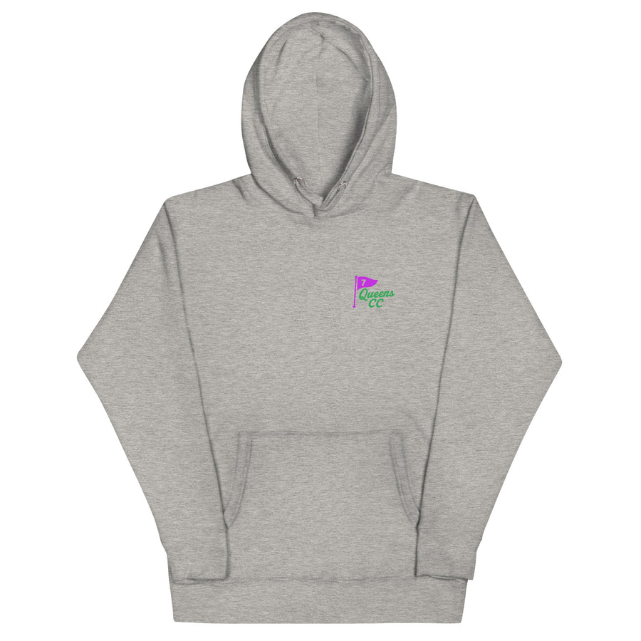  Carbon grey hoodie with QCC chest flag and bold back graphic. “The City’s Country Club” slogan repping NYC golf pride and everyday borough lifestyle