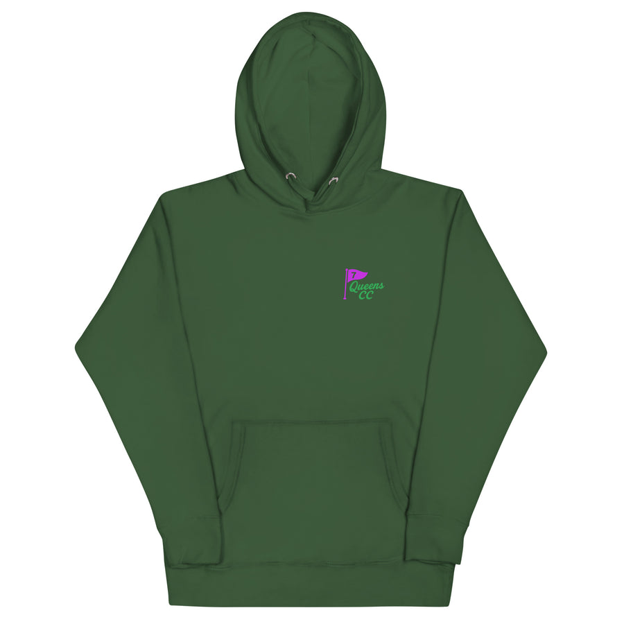 Green hoodie with Queens Country Club flag logo on front and large back design featuring “Queens Country Club” text and 7-flag with “The City’s Country Club