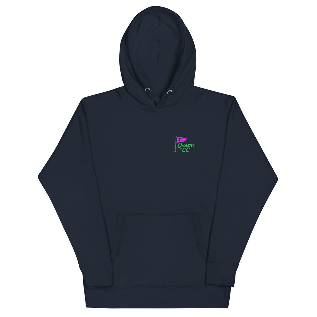 Navy hoodie with QCC chest flag and bold back graphic. “The City’s Country Club” slogan repping NYC golf pride and everyday borough lifestyle