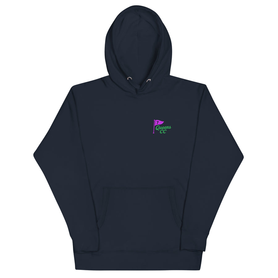 Navy hoodie with QCC chest flag and bold back graphic. “The City’s Country Club” slogan repping NYC golf pride and everyday borough lifestyle