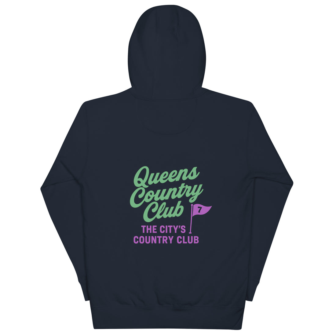Navy hoodie with Queens Country Club flag logo on front and large back design featuring “Queens Country Club” text and 7-flag with “The City’s Country Club