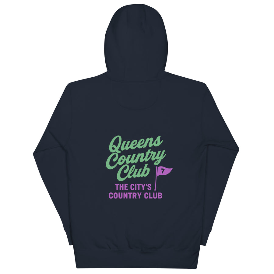 Navy hoodie with Queens Country Club flag logo on front and large back design featuring “Queens Country Club” text and 7-flag with “The City’s Country Club