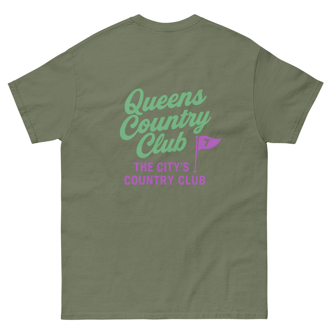 Green t-shirt with 'Queens Country Club' text and a pink flag graphic on a white background