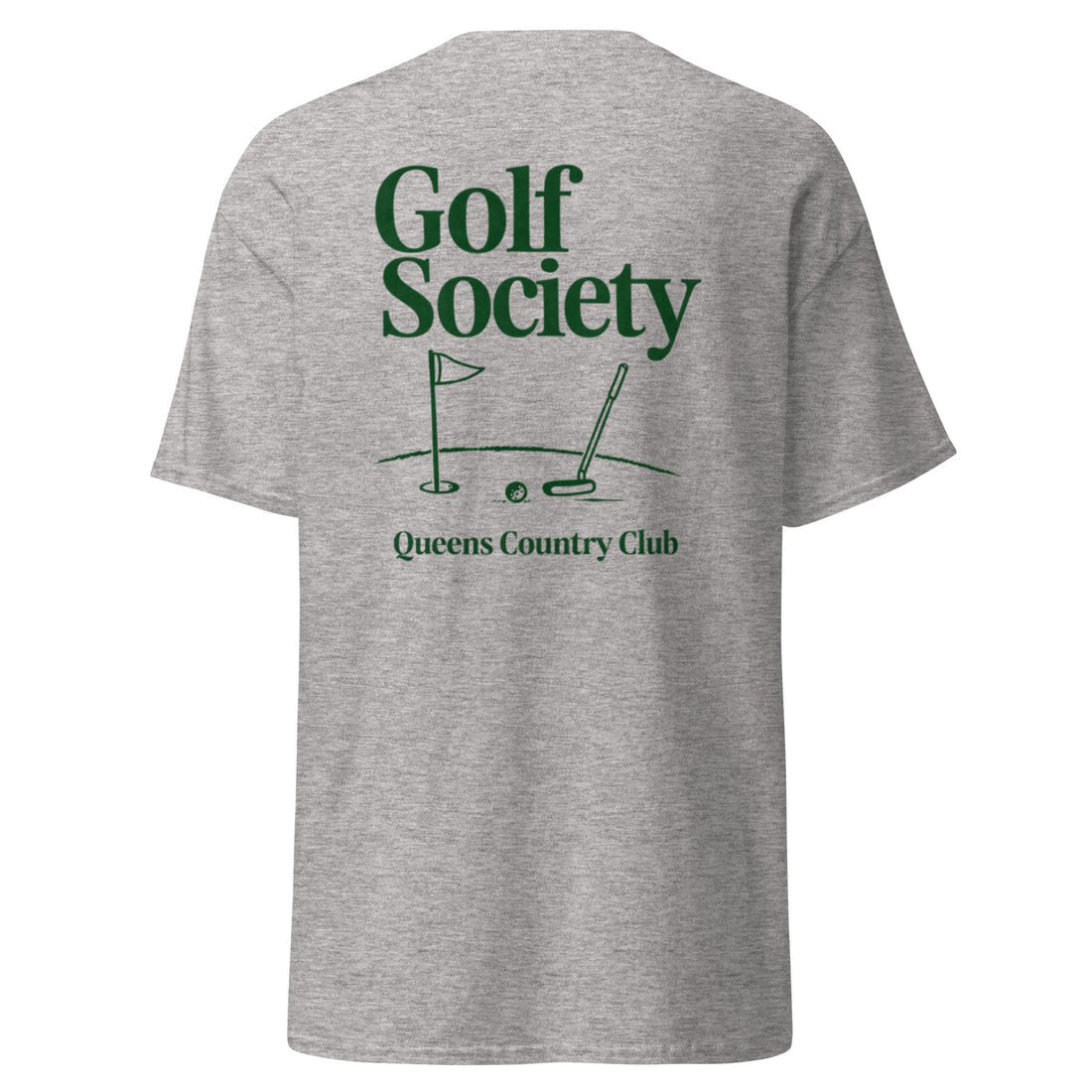  Queens Country Club Golf Society graphic tee with golf flag and putter design NYC golf culture shirt