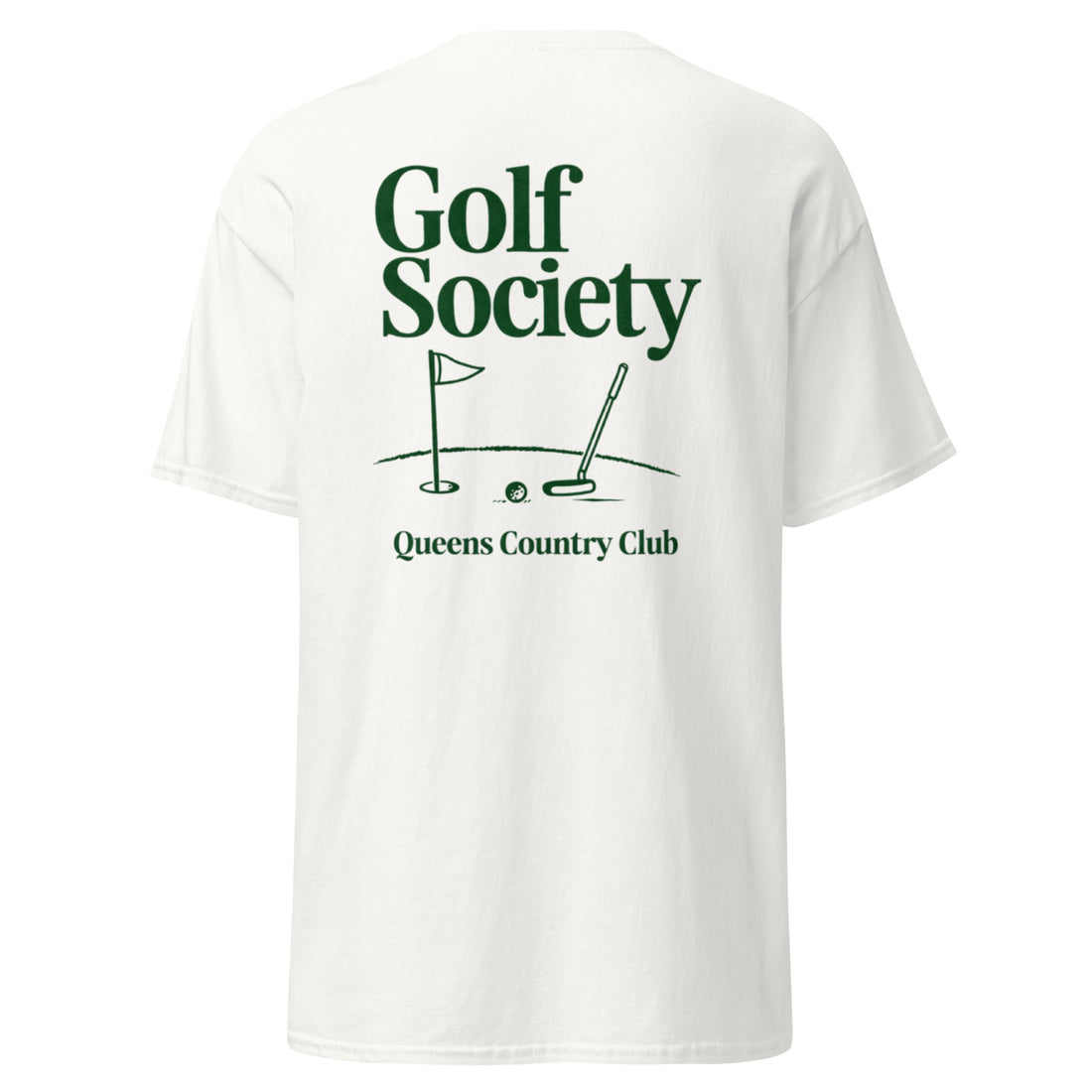  Queens Country Club Golf Society graphic tee with golf flag and putter design NYC golf culture shirt