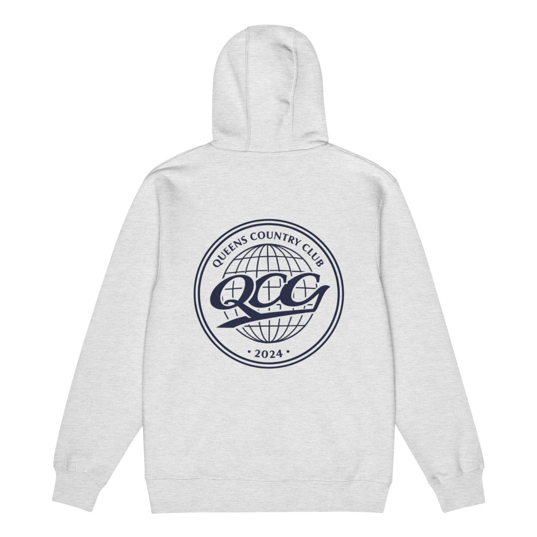 Queens Country Club “QCG Globe” Premium Full-Zip Hoodie – Heather Grey