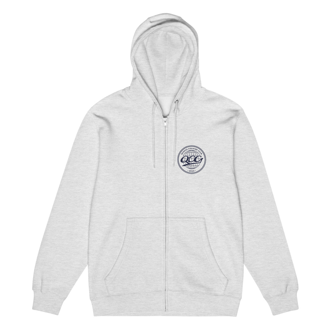 Queens Country Club “QCG Globe” Premium Full-Zip Hoodie – Heather Grey front