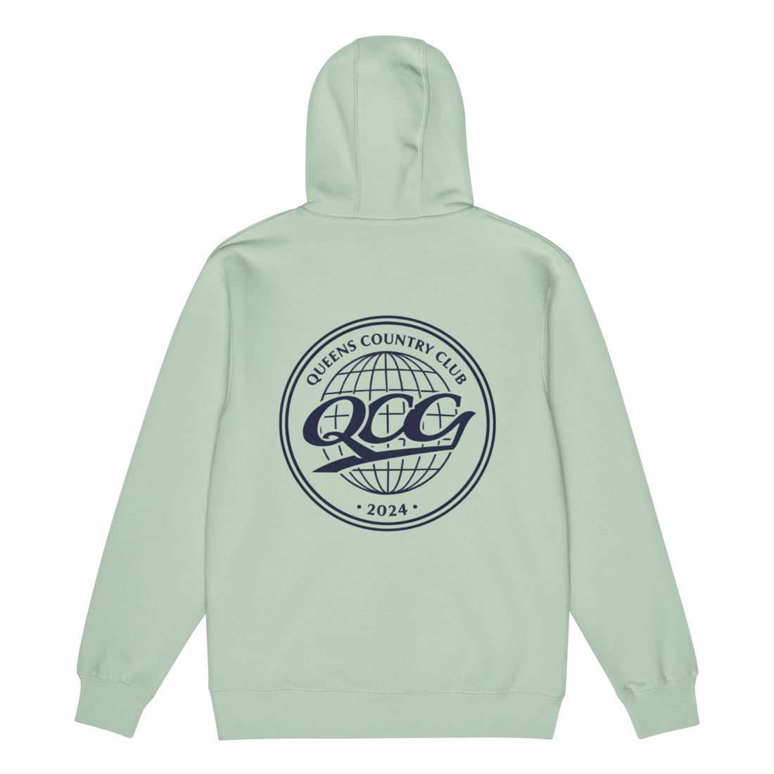 Queens Country Club “QCG Globe” Premium Full-Zip Hoodie –Seafoam back