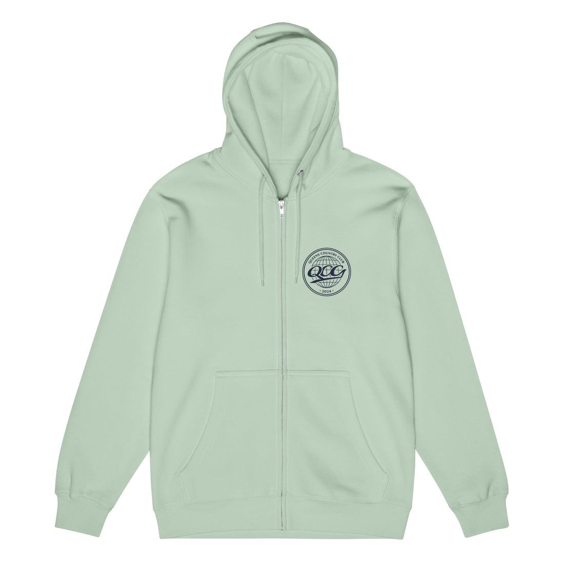 Queens Country Club “QCG Globe” Premium Full-Zip Hoodie –Seafoam front