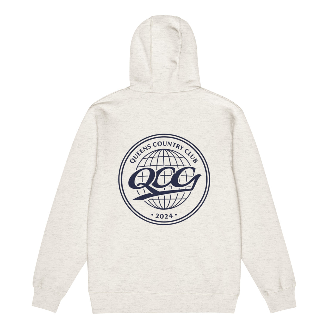 Queens Country Club “QCG Globe” Premium Full-Zip Hoodie – oatmeal heather back