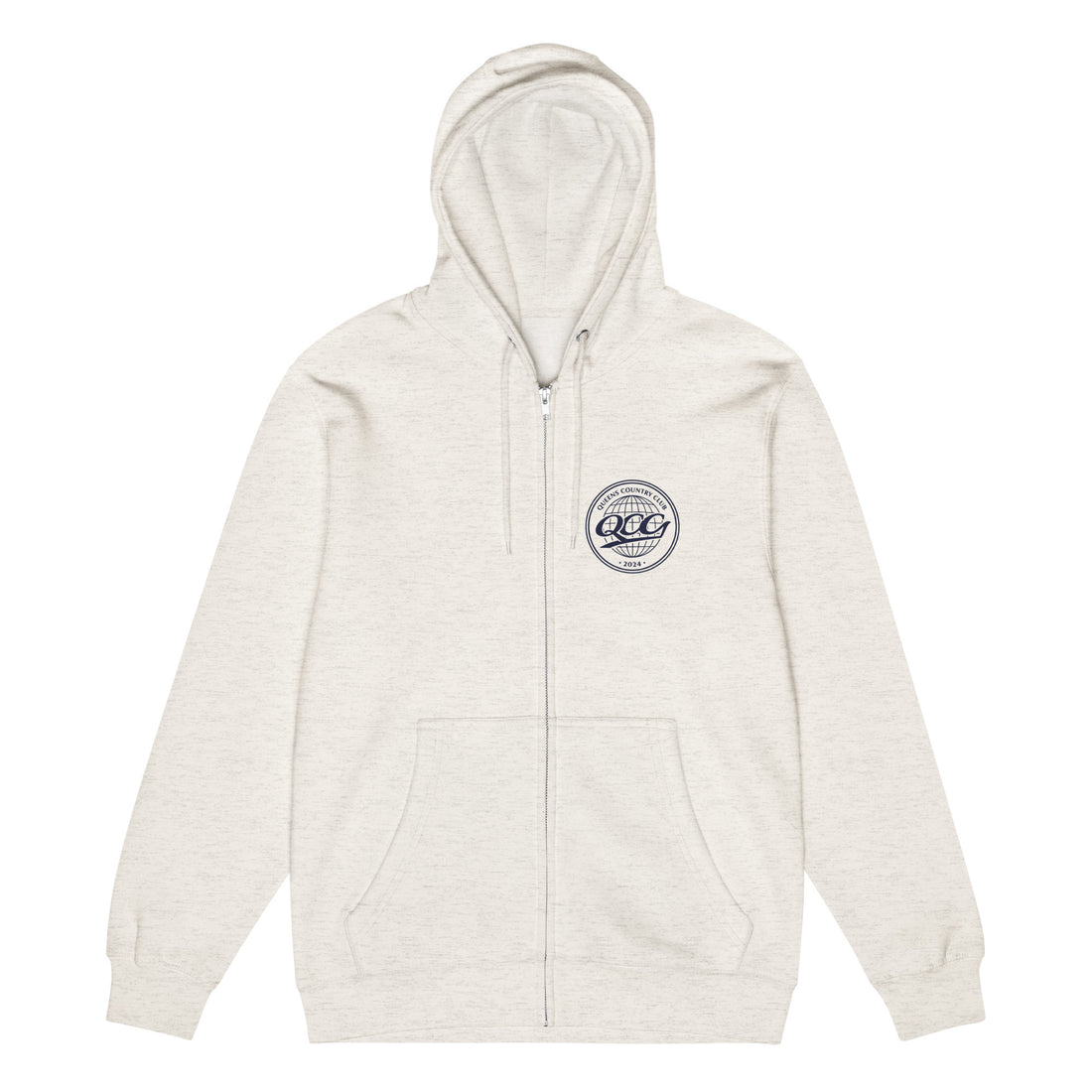 Queens Country Club “QCG Globe” Premium Full-Zip Hoodie – oatmeal heather front