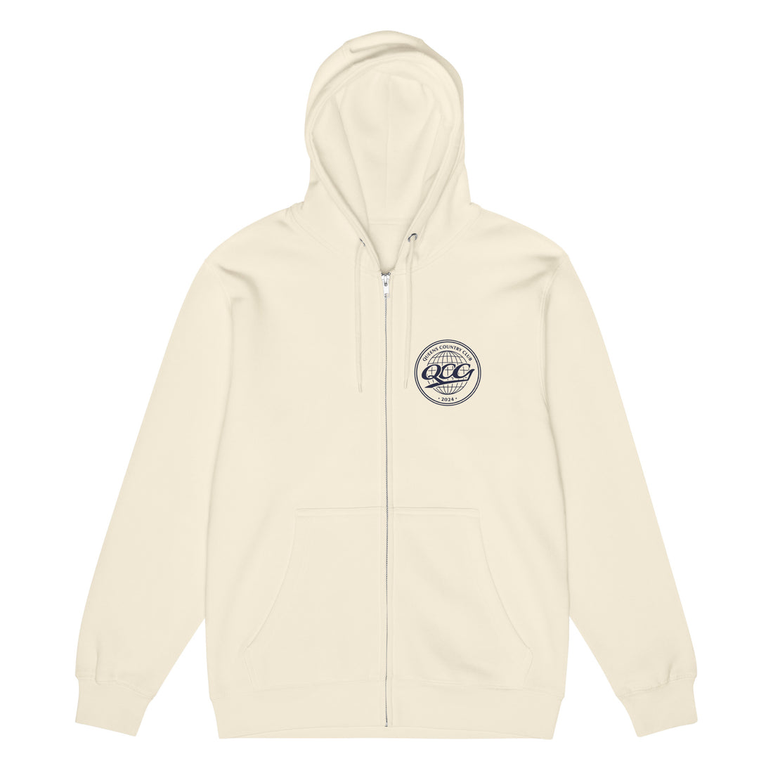 Queens Country Club “QCG Globe” Premium Full-Zip Hoodie – sand shell front