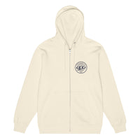 Queens Country Club “QCG Globe” Premium Full-Zip Hoodie – sand shell front