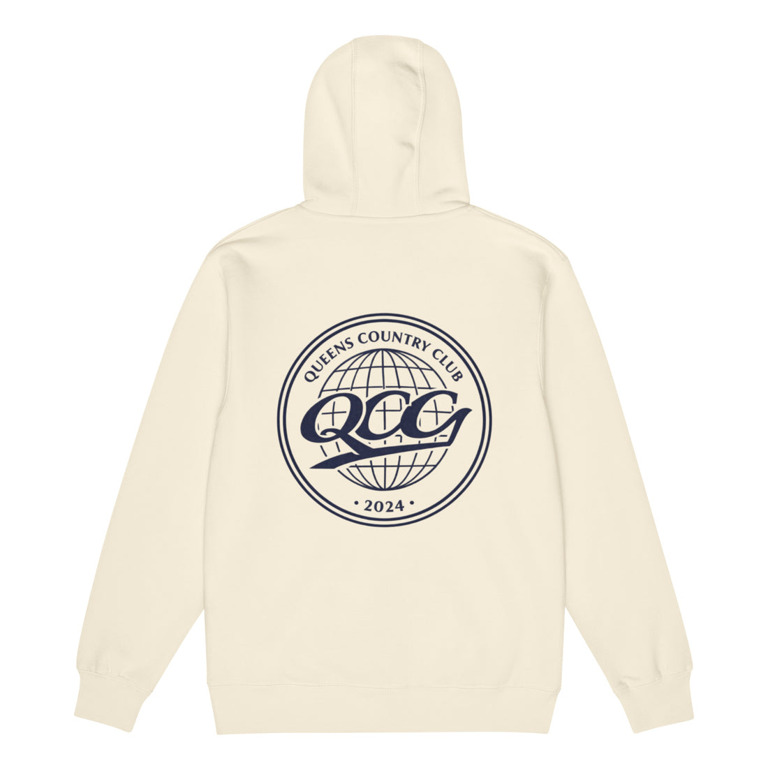Queens Country Club “QCG Globe” Premium Full-Zip Hoodie – sand shell back