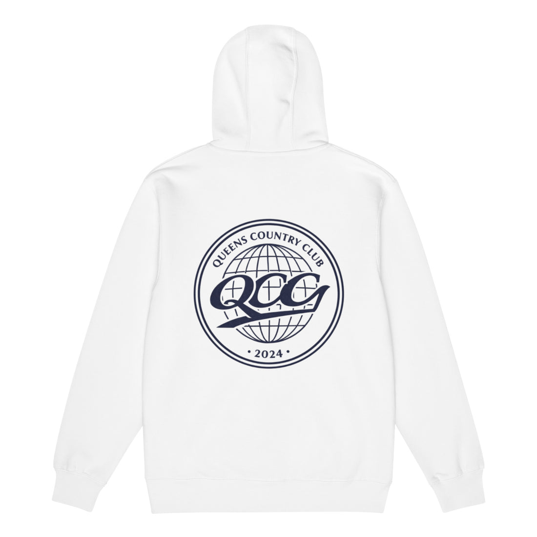 Queens Country Club “QCG Globe” Premium Full-Zip Hoodie – white back