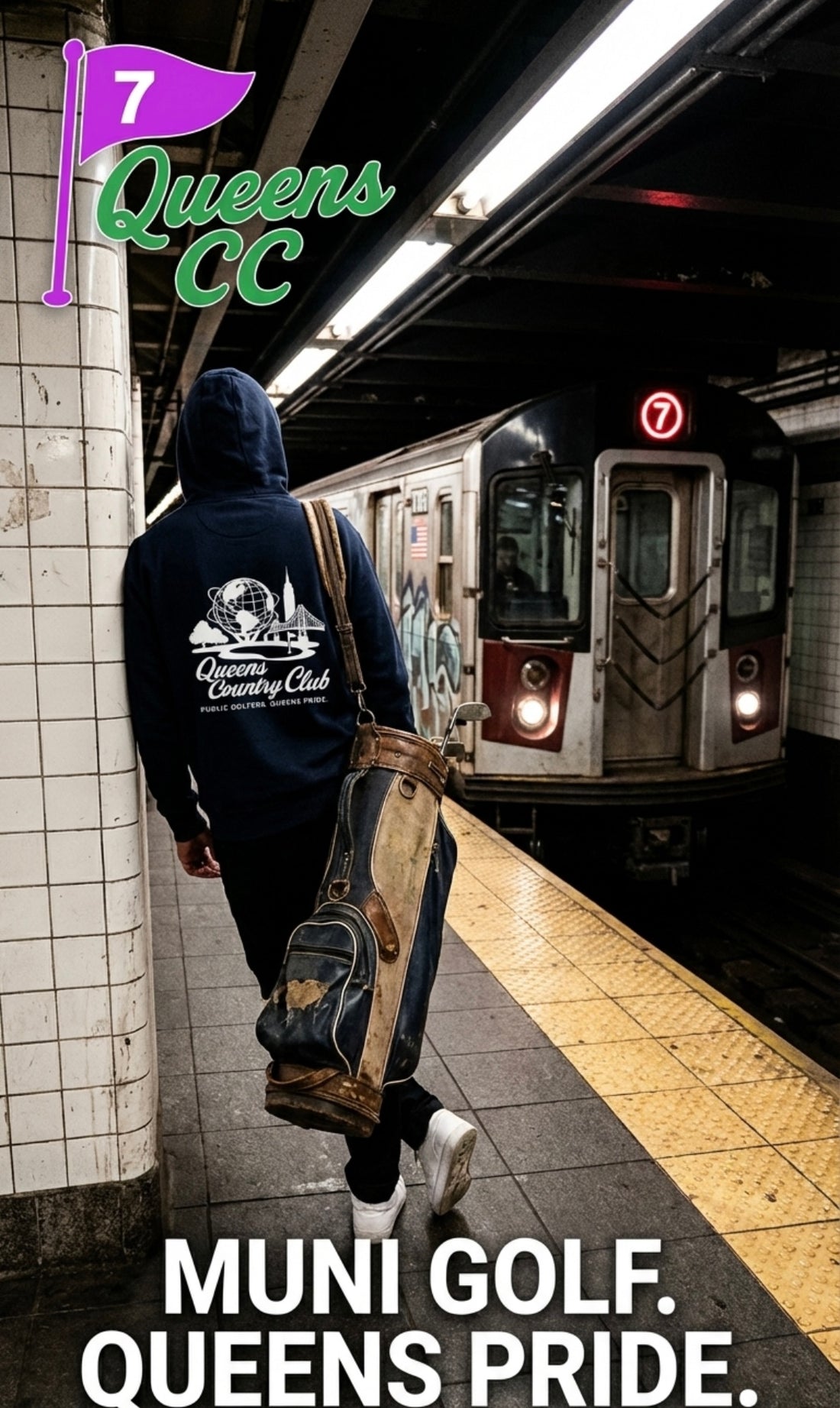 Person in a hoodie with 'Queens Country Club' logo at a subway station, train visible.