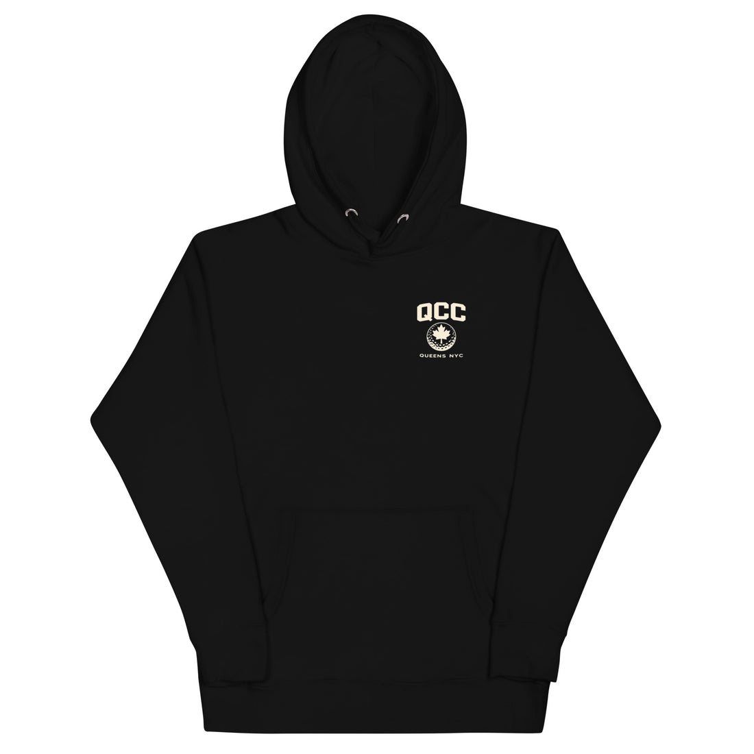  Black Queens Country Club hoodie featuring cream “Queens Borough Golf & Recreation Dept.” back graphic and small QCC logo on front chest.