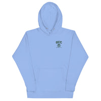   Queens Country Club hoodie featuring green “Queens Borough Golf & Recreation Dept.” back graphic and small QCC logo on front chest.