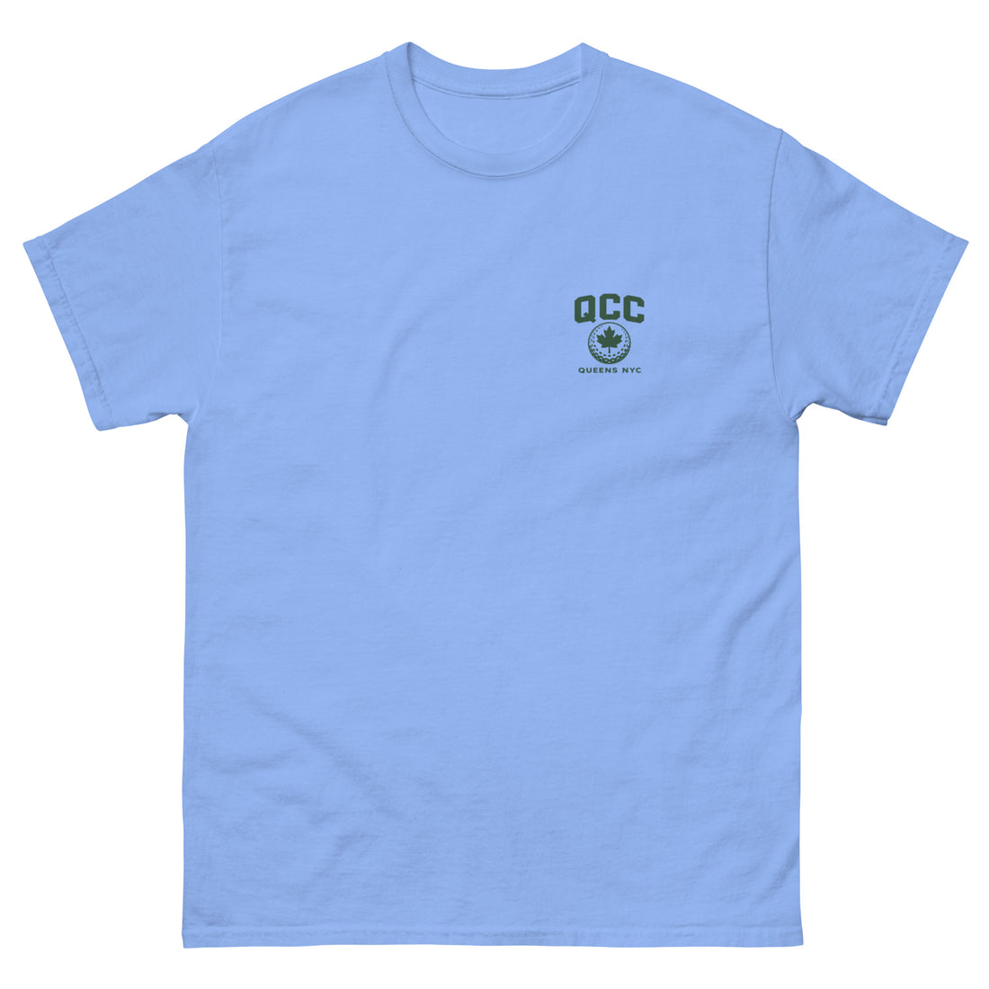  Queens Country Club sky blue T-shirt with forest green Queens Borough Golf & Recreation Dept. back graphic and small QCC logo on front chest