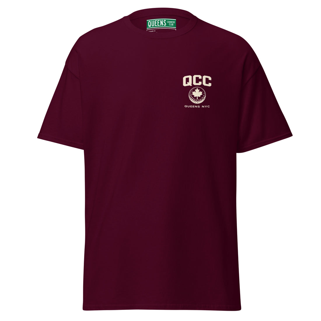 Queens Golf Dept. T-shirt with   Queens Borough Golf & Recreation Dept. back graphic and small QCC logo on front chest