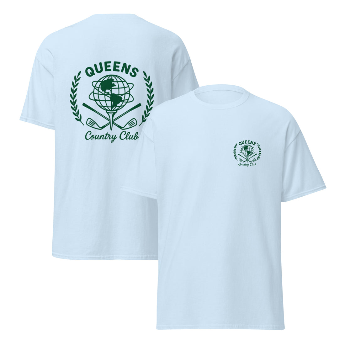 Light blue t-shirt with 'Queens Country Club' logo on front and back Queens Unisphere Golf Ball Tee