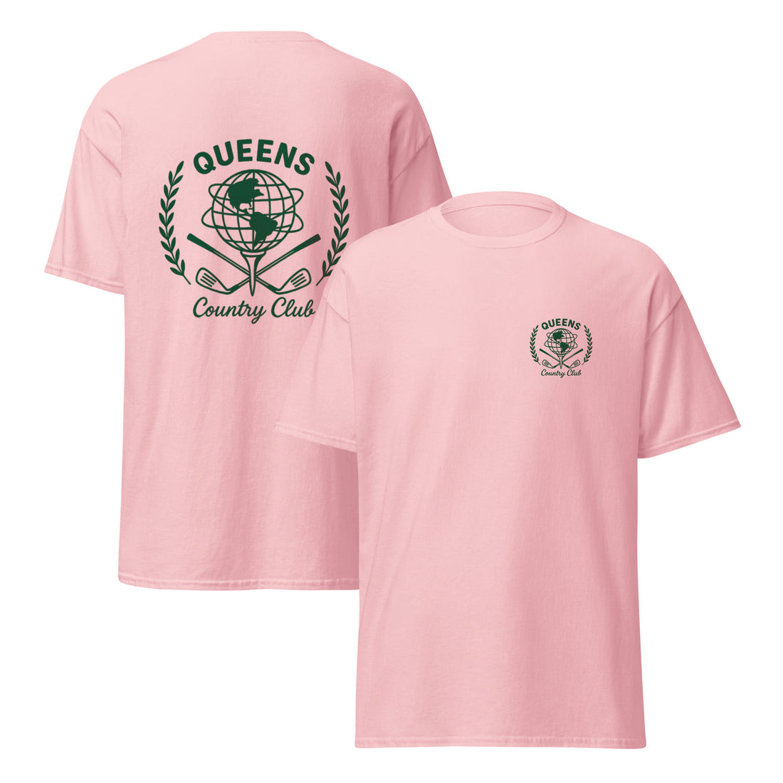 Pink t-shirt with 'Queens Country Club' logo on front and back Queens Unisphere Golf Ball Tee