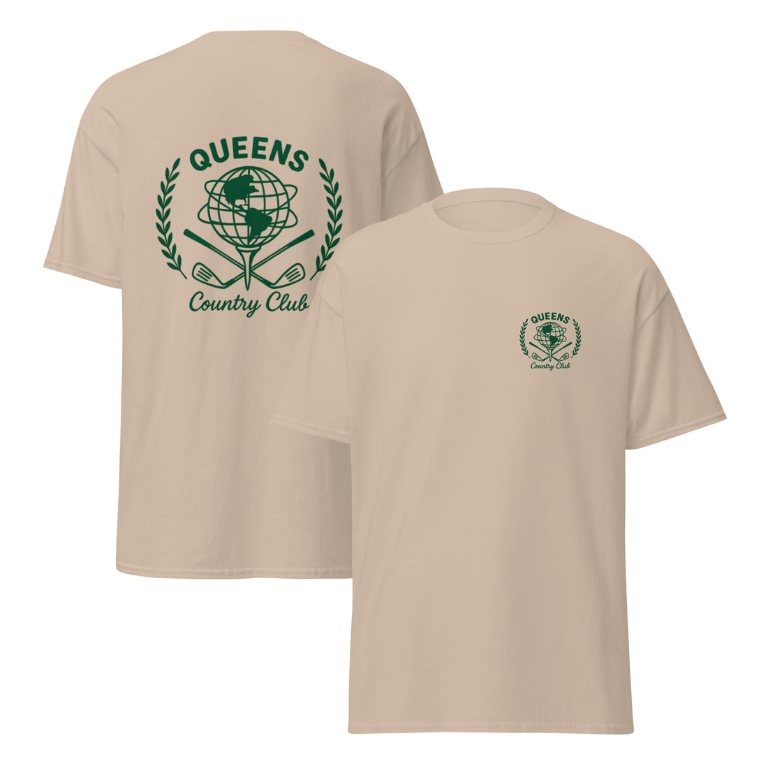 Beige t-shirt with green 'Queens Country Club' logo on the back, displayed from front and back views. Queens Unisphere Golf Ball Tee