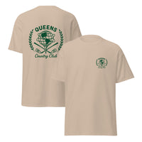 Beige t-shirt with green 'Queens Country Club' logo on the back, displayed from front and back views. Queens Unisphere Golf Ball Tee