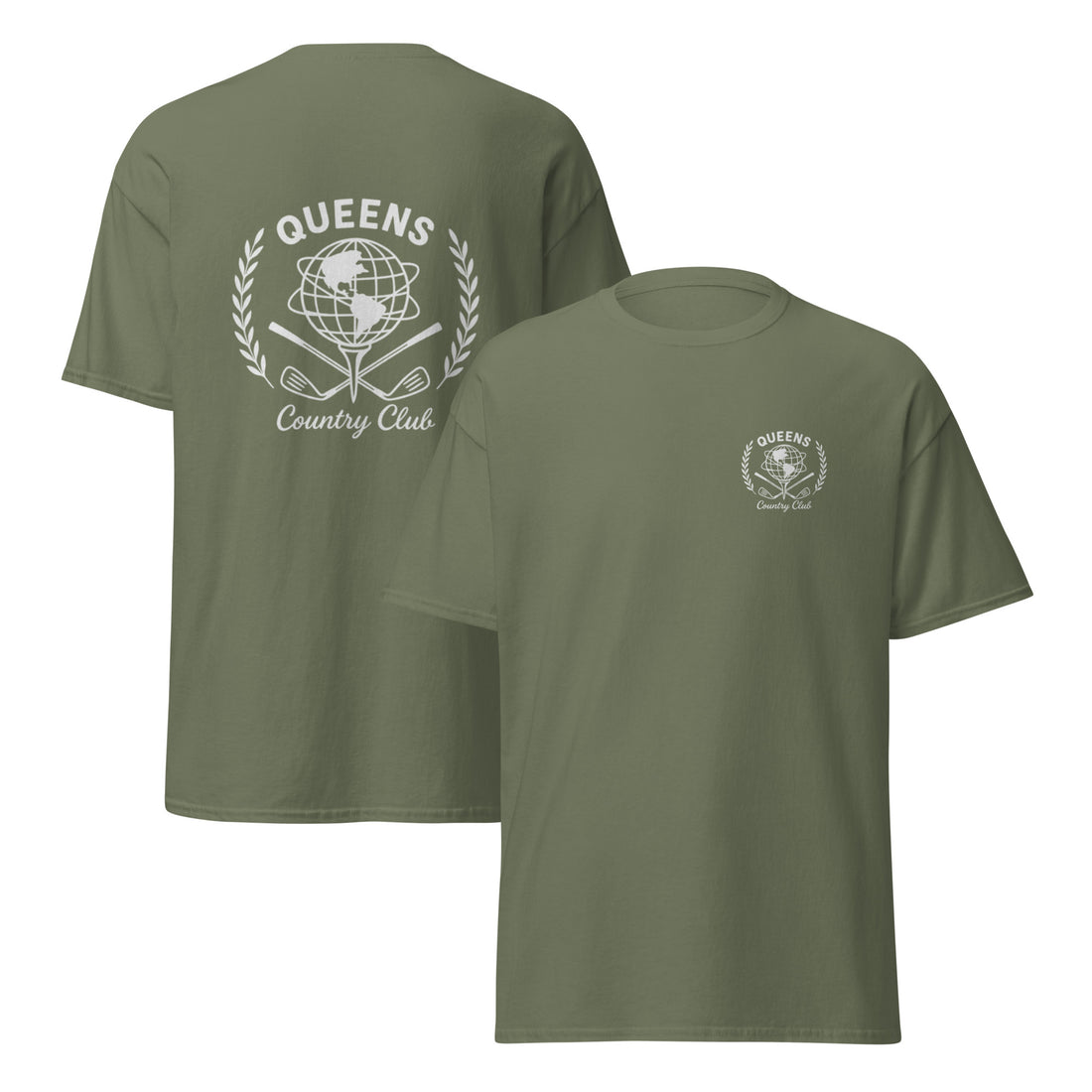 Green t-shirt with 'Queens Country Club' logo on front and back Queens Unisphere Golf Ball Tee 